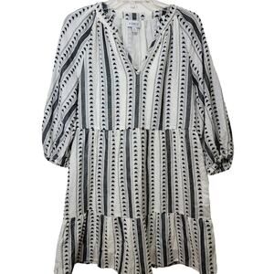 Evereve Dress XS Tiered Puff Sleeve Cotton White Black Lined Pockets